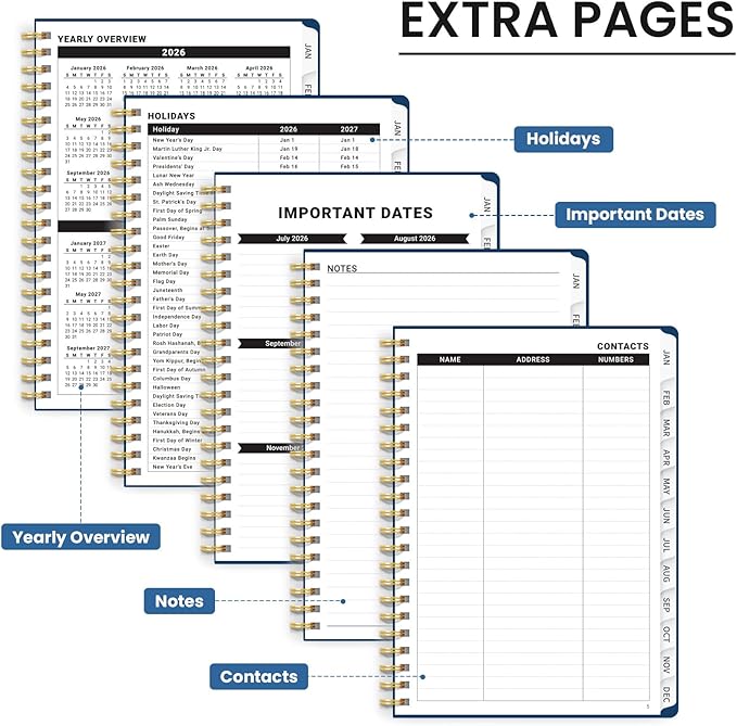 2026 Planner, Monthly and Weekly Calendar Planner for Women, Jan 2026 - Dec 2026, Hardcover Pretty 2026 Agenda Planner Book with Tabs, Spiral Bound, Perfect for School Office Home Supplies, 8.5" x 11" - Blue Floral