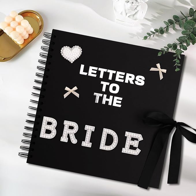 BINBE 10 x 10 Inch Letters to The Bride Scrapbook Kit DIY Blank Paper Scrapbook Photo Album Wedding Memory Book Bridal Guest Book Sign with Pearl Stickers, Letter Patches, Bows Black