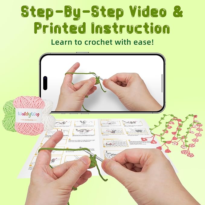 WaldyWop Crochet Kit for Beginners: 4 Flower Bracelets Knitting Kits for Adults Women w/Easy Yarn & Step-by-Step Video Tutorials - Wobbles Crochet Starter Kit for Teens, Birthday Gift for Mom