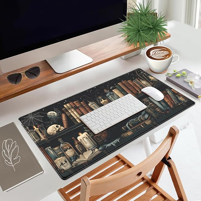 Mystic Grimoire Desk Mat - Black Cat on Bookshelf Large Mouse Pad- Gothic Library with Skull Bottles Extended Desk Pad- Dark Academia Starry Night XL Mouse Pad for Gaming Study Work 31.5 * 15.7in