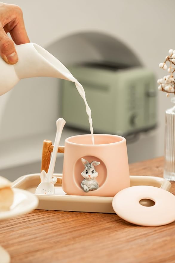 DIHOclub Adorable 3D Ceramic Rabbit Mug with Lid and Spoon Perfect for Coffee, Tea, Milk, and More - Ideal Gift for Bunny Lovers - 14 Ounces (Pink)
