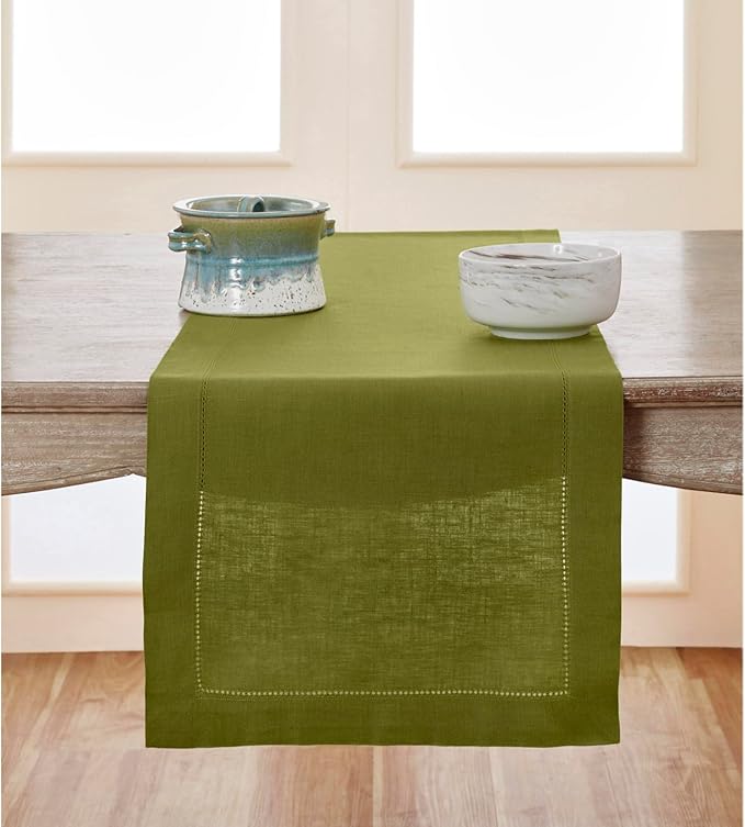 Solino Home Linen Avocado Green Table Runner 72 Inches Long - 100% Pure Linen Hemstitch Table Runner 14 x 72 Inch for Dresser, Dining, Spring, Easter, St Patricks Day - Classic Hemstitch