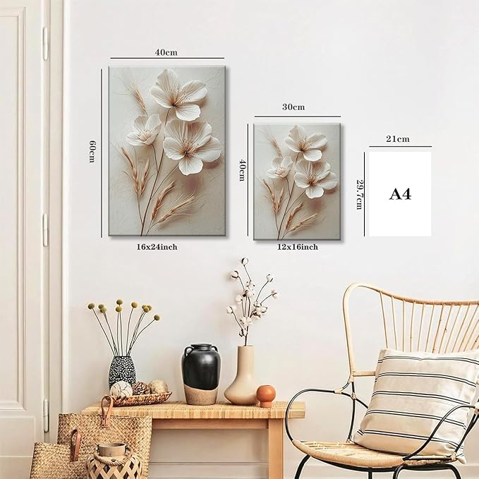 TUEASKY 3 Piece Canvas Wall Art Beige Wall Decor Floral Pictures Flower Art Prints Neutral Botanical Paintings Minimalist Artwork For Bedroom Living Room Office