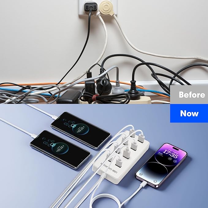 USB Wall Charger USB Charging Station for Multiple Devices 8-Ports Power Hub Strip Smart Charger Block Compatible with iPhone, Galaxy, iPad Tablet, and Other Devices（White）