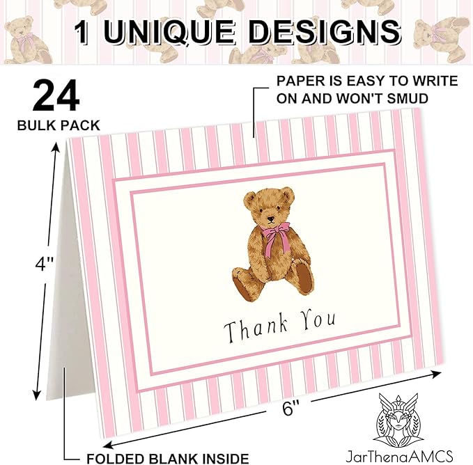 JarThenaAMCS 24 Pack Bear Thank You Cards Greeting Cards Pink Stripe Bear Blank Note Card with Envelopes Stickers for Birthday Baby Shower Party Supplies, 4 x 6 Inch
