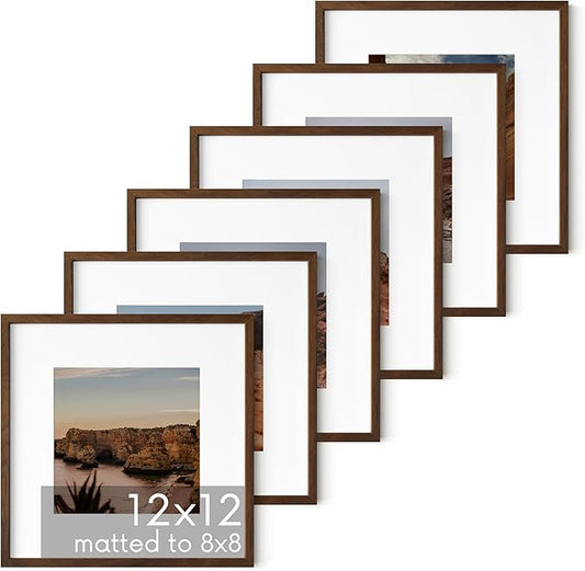 HAUS AND HUES Walnut Oak Wood 12x12 Picture Frames - Set of 6, Square Frames with Mat, Contemporary Frames for Wall Art and Photos (12x12 in, Walnut, Set of 6)
