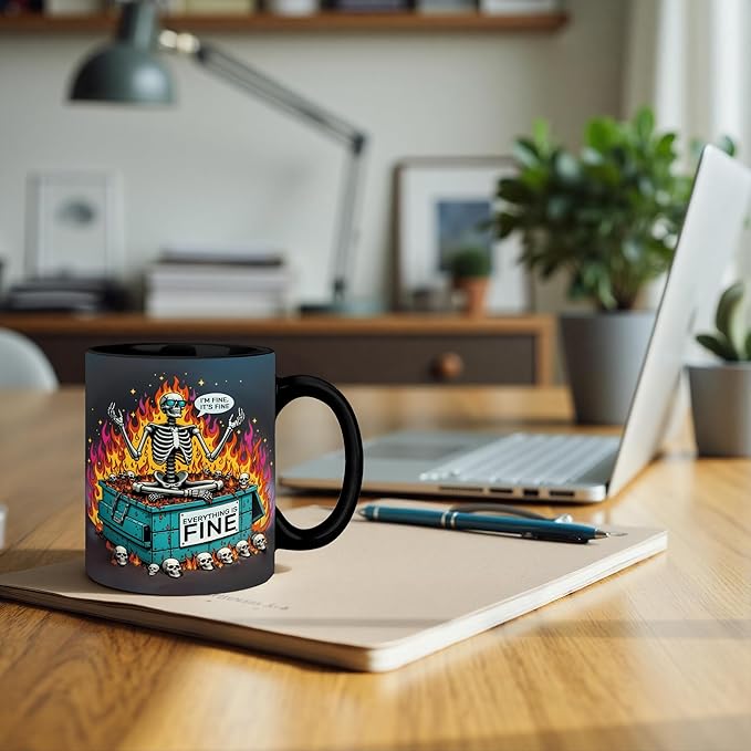 Funny Gothic Skeleton Mug 11 oz, Inspirational Gifts for Coworkers Coffee Cups Ceramic, Everything is Fine Motivational Ceramic Mug for Coffee Tea Hot Cocoa Home Office Work