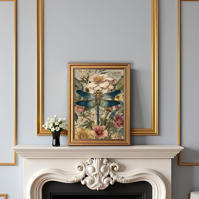 okudolit Gold Framed Dragonfly Canvas Wall Art Print Blue Insect Botanical Floral Painting Vintage Flower Picture Artwork Rustic Retro Nature Decor for Living Room Bedroom Office Home Decor 12x16in