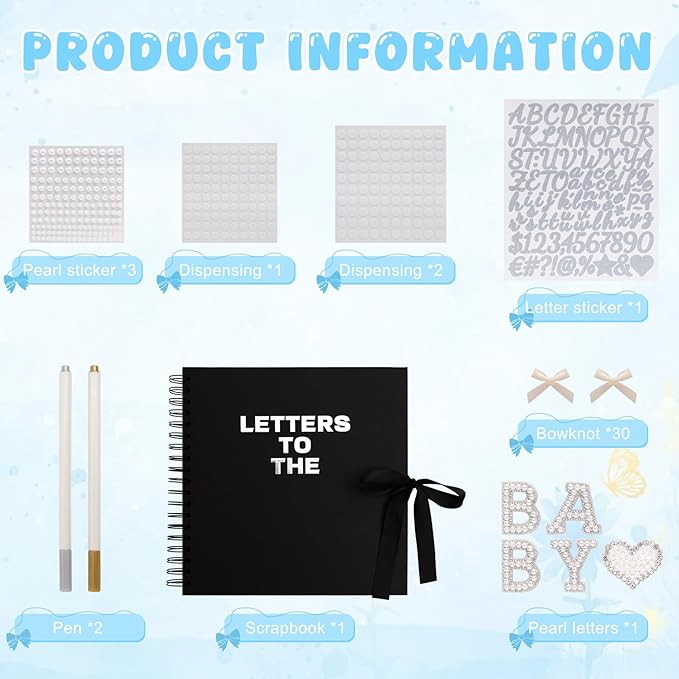 BINBE 8 x 8 Inch Letters to The Baby Scrapbook DIY Blank Paper Album Memory Book for Kids Sign with Pearl Scrapbook Photo Stickers, Metallic Letters, Bows (Black)