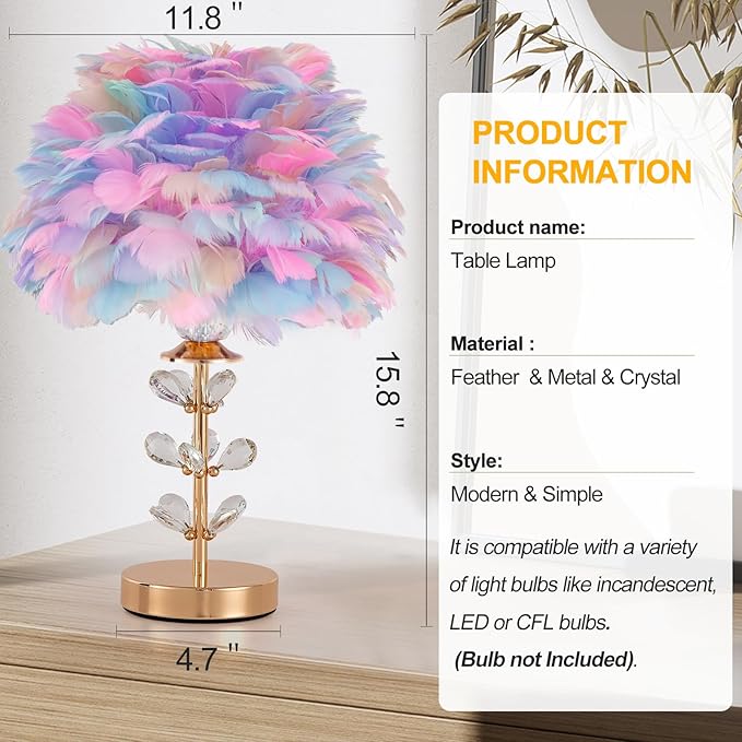 Colorful Feather Lamp Romantic Bedside Nightstand Lamp Creative FfluffyTable Lamp Modern Furry Desk Light for Princess Girls Bedroom Living Room Wedding Christmas Gift Deco Entry Office