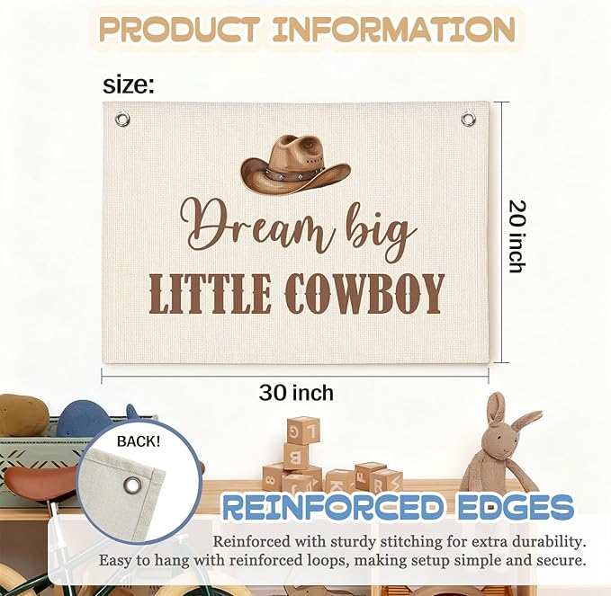 Vintage Western Cowboy Nursery Decor Wall Art,Dream Big Little Cowboy Linen Banner Print,Western Wall Decor Hanging Banner Flag for Kids Boys Toddler Nursery Bedroom Playroom 30x20 Inch