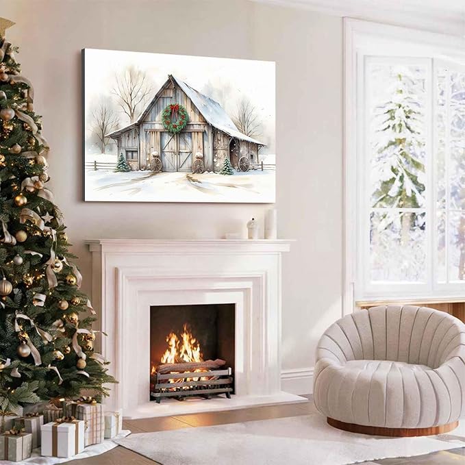 Rustic Landscape Wall Decor Barn Winter Cottage Wall Art Holiday Landscape Painting Rustic Winter Print Christmas Gingerbread Poster Indoor Decor for Home Living Room Bedroom Cabin Christmas Holiday