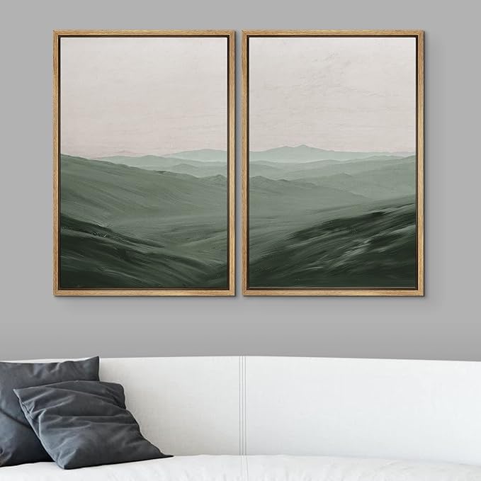 SIGNWIN Framed Canvas Print Wall Art Set Watercolor Green Mountain Valley View Nature Wilderness Illustrations Fine Art Farmhouse/Country Minimal for Living Room, Bedroom, Office - 24"x36"x2 Natural