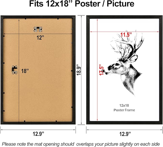 Yaetm 12x18 Frame Black Set of 4, Solid Wood Picture Frame 12 x 18 for Photos, Posters & Art Prints, Horizontal and Vertical Wall Moun (4 pack, Anthracite Black)