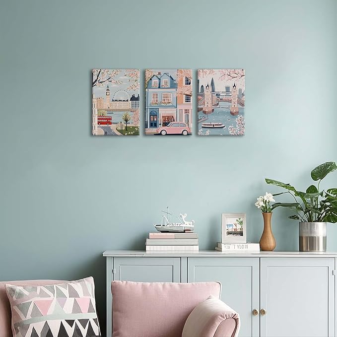 XLARTMY Watercolor City Landscape Travel Wall Art Canvas Framed Pink Cherry Flower Poster Girly Prints Painting Pictures Set of 3 for Bedroom Living Room Office 12x16in