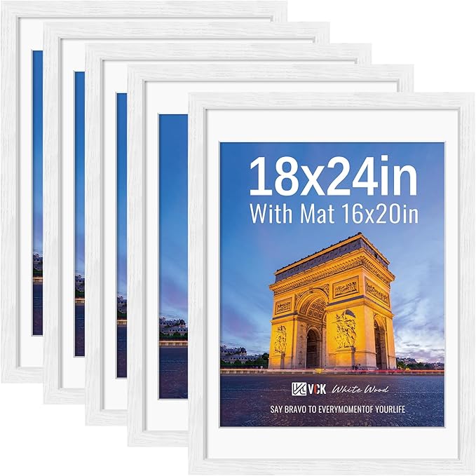 VCK 18x24 Frames White Set of 5, Wide Border Wood, Display 16x20 Picture Photo with Mat or 18 x 24 without, for Home, Office, Gallery, Woodgrain Series, Wall Hanging