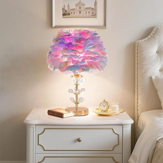 Colorful Feather Lamp Romantic Bedside Nightstand Lamp Creative FfluffyTable Lamp Modern Furry Desk Light for Princess Girls Bedroom Living Room Wedding Christmas Gift Deco Entry Office