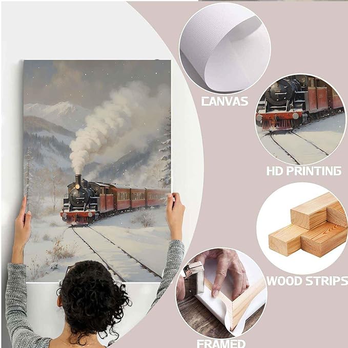 Framed Canvas Wall Art Christmas Print Train Painting Winter Scenery Landscape Snowy Railroad Wall Art Moody Christmas Decor 16x24in Wood Framed