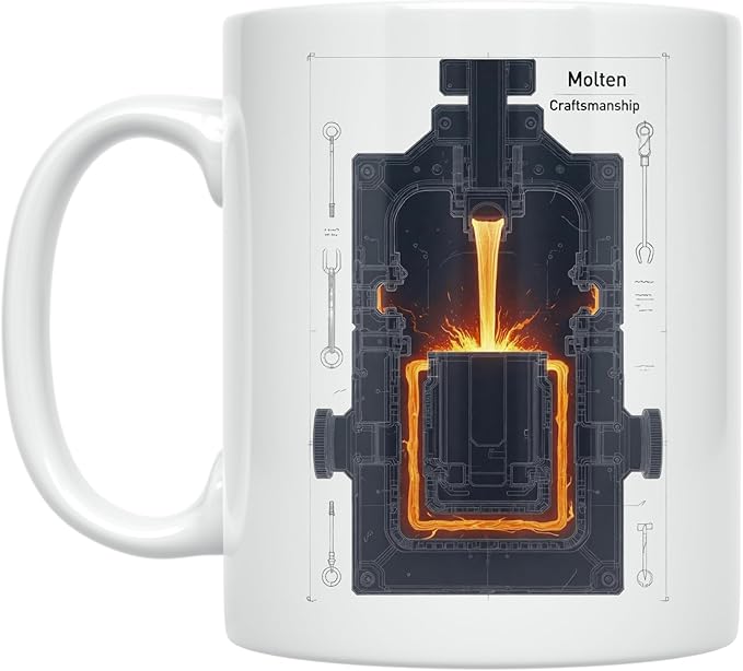 Molten Craftsmanship - Foundry Worker - 11 oz White Ceramic Coffee Mug - Industrial Aesthetic