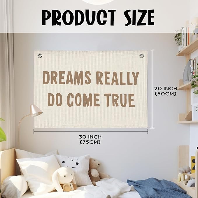 Motivational Positive Banner, Dreams Really Do Come True Linen Banner Wall Hanging Banner Flag Decor For Boy Girl Kids Room Nursery Playroom