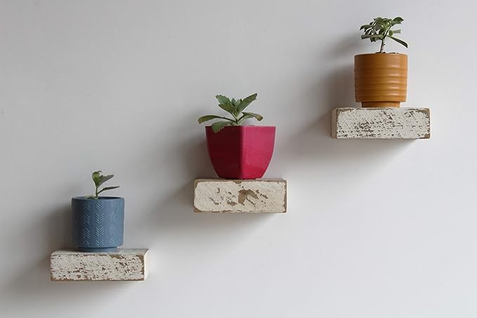 Urban Legacy Small Floating Shelves | Reclaimed Barn Plank with Floating Brackets | Set of 3 (White Wash 6" x 4.5", 3)