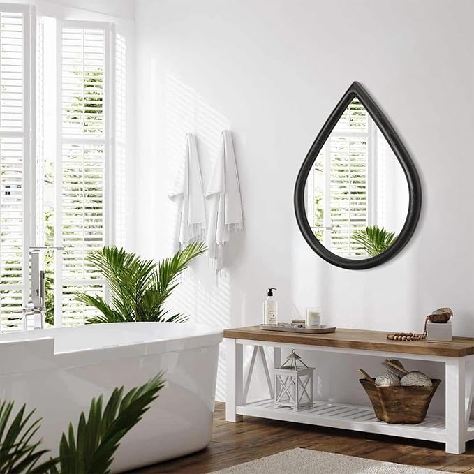 Teardrop Wall Mirror with Wood Frame Rustic Wall Mirror Black Farmhouse Unique Irregular Wall Hanging Mirrors for Bathroom Living Room Hallway Wall Decor