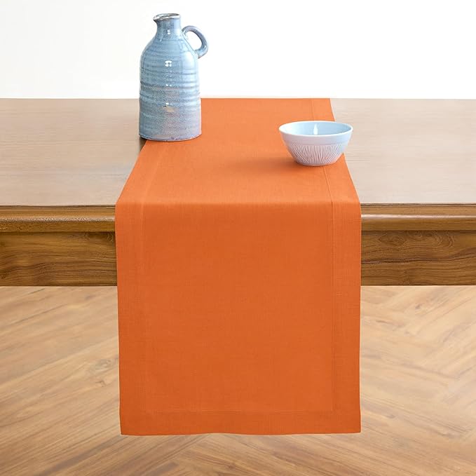 Solino Home Persimmon Orange Table Runner 132 Inches Long - 100% Pure Linen Extra Long Table Runner 14 x 132 Inch for Spring, Easter - Fete