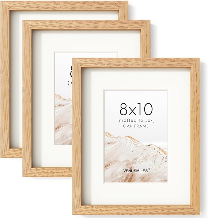 8x10 Picture Frame Set of 3, USA-Sourced Natural Oak Wood Photo Collage Frame with HD Tempered Glass, Modern Simple 8 x 10 Wooden Frame Matted to 5x7, Gallery Frames for Art, Wall or Tabletop Display