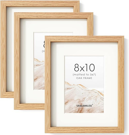 8x10 Picture Frame Set of 3, USA-Sourced Natural Oak Wood Photo Collage Frame with HD Tempered Glass, Modern Simple 8 x 10 Wooden Frame Matted to 5x7, Gallery Frames for Art, Wall or Tabletop Display