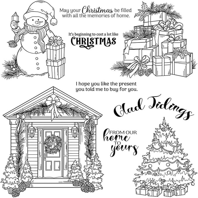 Christmas Tree Door Snowman Stamps and Cutting Dies for Card Making DIY Transparent Silicone Clear Stamp and Metal Die Cuts Sets for Scrapbooking Paper Greeting Cards Decor Seals Craft Supplies