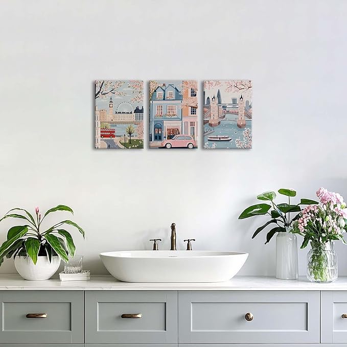 XLARTMY Watercolor City Landscape Travel Wall Art Canvas Framed Pink Cherry Flower Poster Girly Prints Painting Pictures Set of 3 for Bedroom Living Room Office 12x16in
