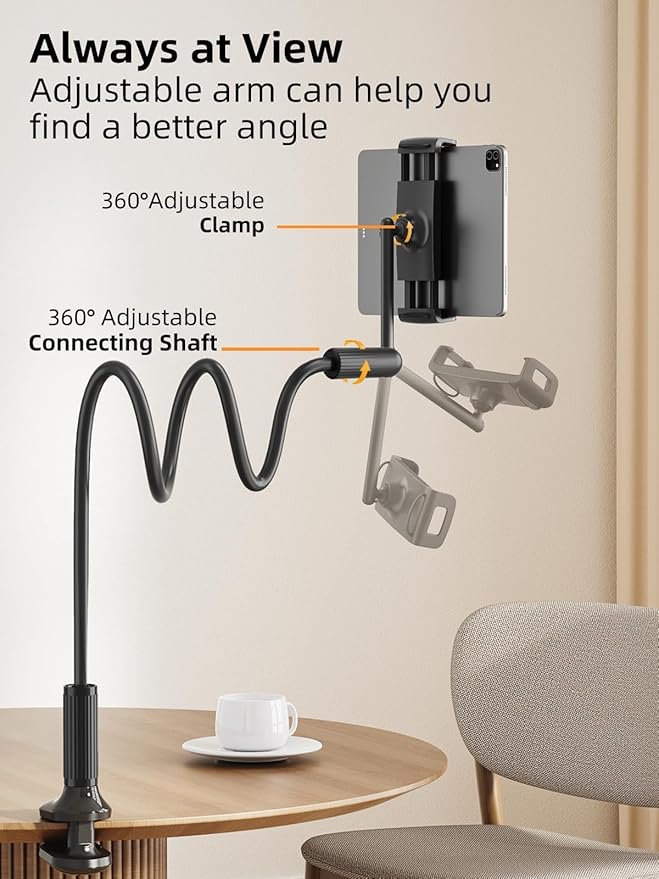 SAIJI 47" Gooseneck Kindle Holder, Tablet Holder for Bed with Upgraded Base, iPad Stand with Flexible Lazy Arm, Compatible with iPad/iPhone/Kindle/Switch or Other 4.7-11" Device (Black)