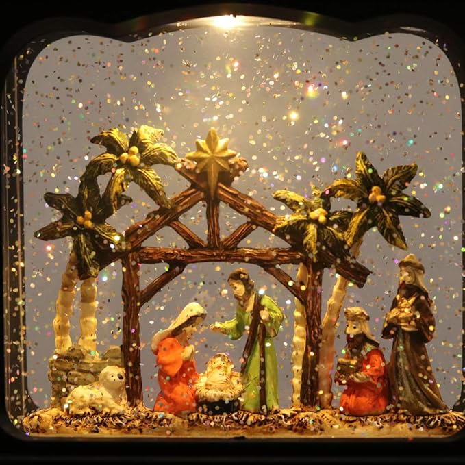 GenSwin Nativity Musical Lighted Water Lantern Christmas Snow Globe with 6 Hour Timer, Battery Operated & USB Powered Singing Swirling Glitter Snow Globe Lantern Christmas Holiday Home Decor Gift(11”)