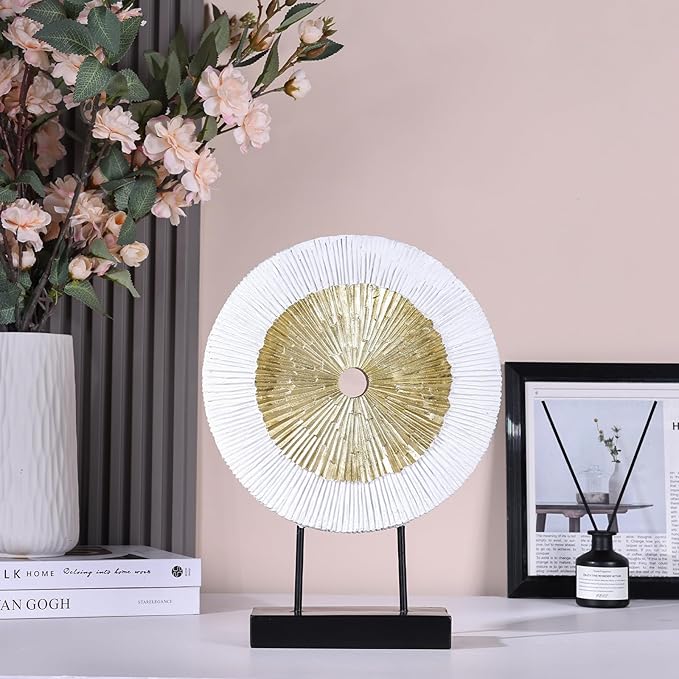 oliruim 12" Tall Abstract White Gold Round Sculpture - Unique Home Decoration for Above Cupboard Decor, Living Room Coffee Table, Console, Office, Entrance, Table Centerpieces (White Gold)