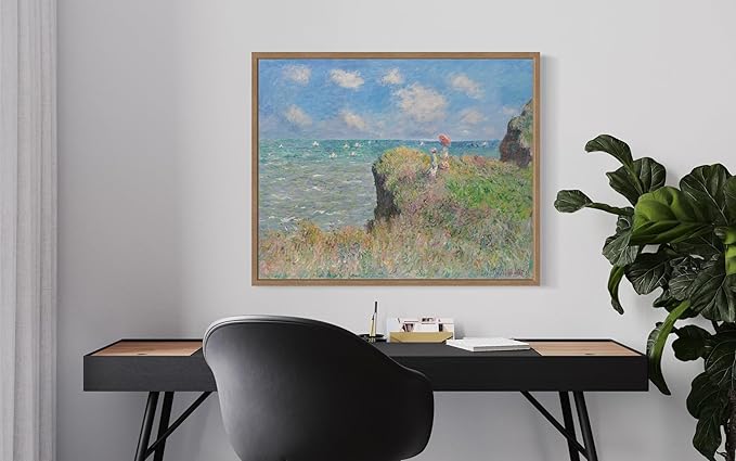 The Cliff Walk Claude Monet Wall Art Print Poster, Impressionist Painting Wall Art Wall Decor, for Bedroom and Living room Bathroom Decor 115 (The Cliff Walk, 16 x 20 inches, Wood Frame)