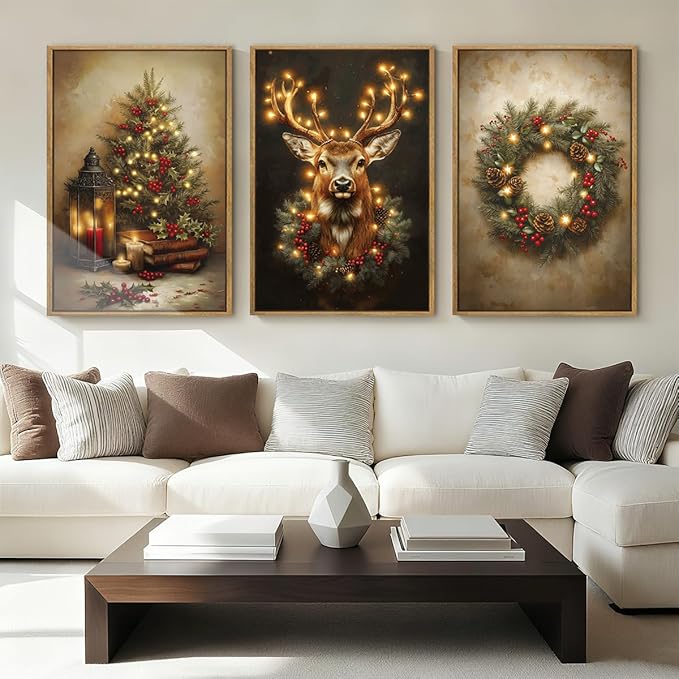 Anyzal Large Christmas Wall Art Winter Christmas Tree Prints Santa Elk Wall Decor for Living Room Bedroom Dining Room 24x36 Inch