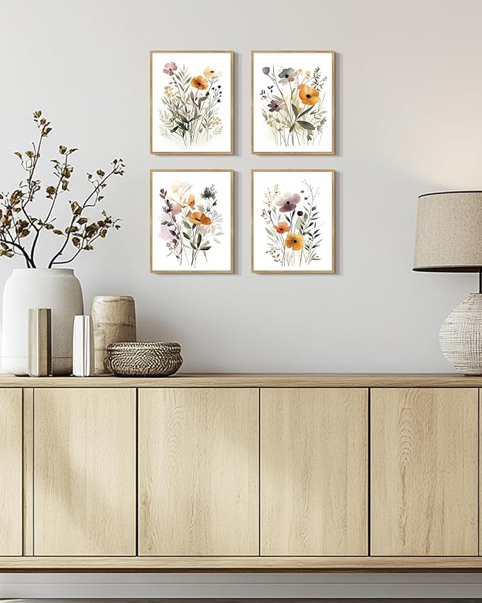 Drsoum Wildflower Bouquet Boho Framed Wall Art Wooded Minimalist Aesthetic Botanical Flower Prints Modern Plants Bathroom Kitchen Home Decor Ready to Hang 8x10inx4pcs (Natural Framed)