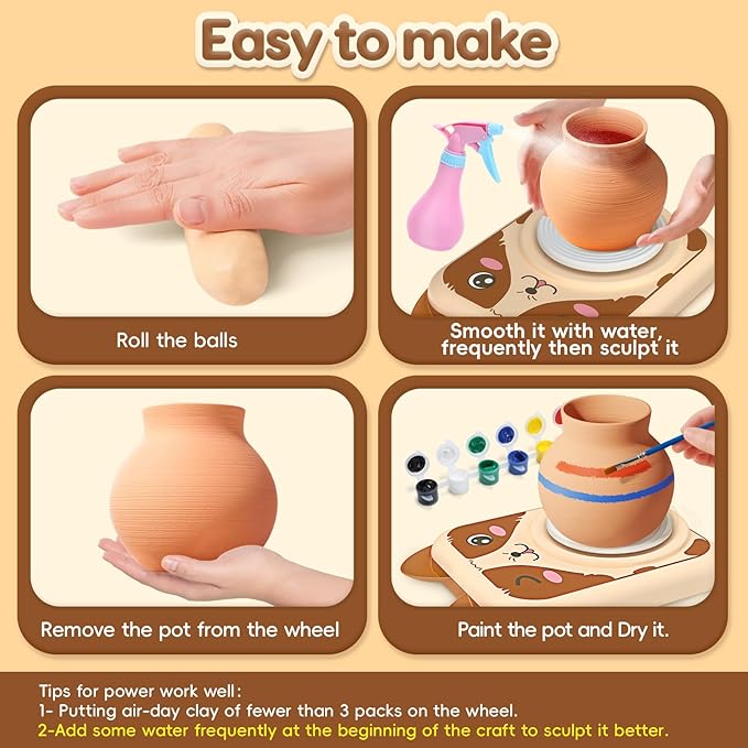 Skirfy Pottery Wheel for Kids Clay Sculpting Tools & Painting Kit,DIY Kits Clay Maker for Beginners with 6 Packs Clays, ChristmasThanksgiving Birthday Gift Toys,Art&Crafts Kits for Ages 6-8 8-12