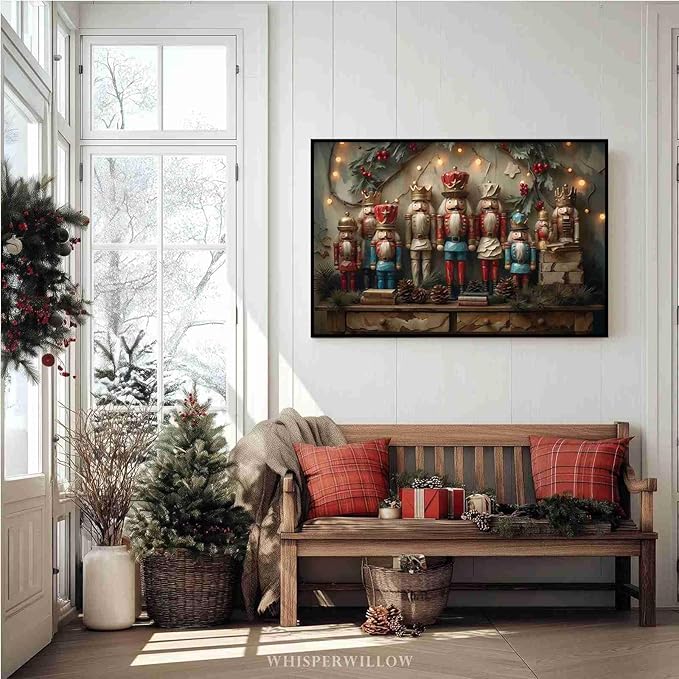 Christmas Nutcracker Vintage Wall Art Print Dark Academia Holiday Poster Winter Christmas Holiday Decor Gold Nutcracker Oil Painting Scene Indoor Decor for Offices Living Room Framed Ready to Hang