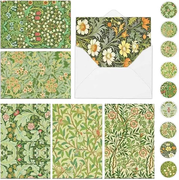 24 Pack William Morris Greeting Cards with Envelopes & Stickers - 4x6 Inch Vintage Floral Leaves Retro Botanical Flower Blank Note Cards for Wedding, Birthday Greetings, Baby Shower, Thank You & More
