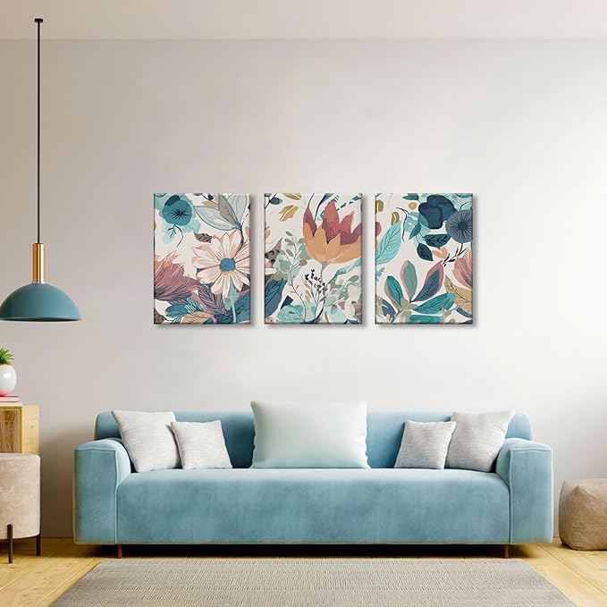 TUEASKY 3 Piece Botanical Canvas Wall Art Neutral Floral Wall Art Modern Minimalist Flower Decor Wildflower Prints for Living Room Bedroom Office 12x16in Framed