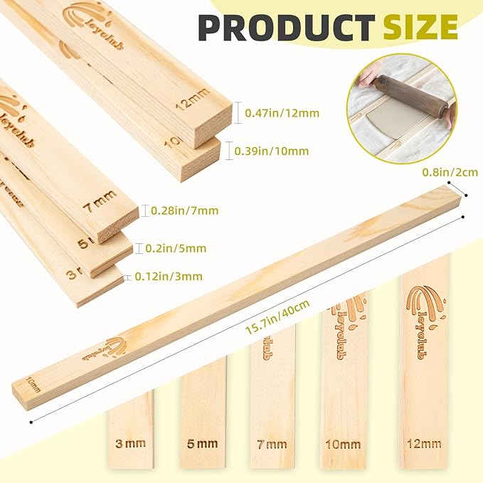10PCS Pottery Tools, LEYCLUB Clay Rolling Pin Set with 5 Size Mud Stick Guide for Precise Clay Thickness, for Hobbyists, Potters (L- 15.7 inch / 40 cm)