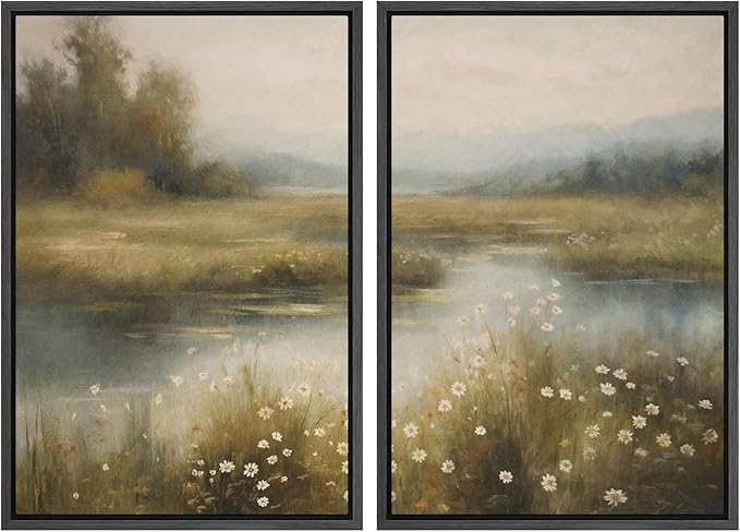 SIGNWIN Framed Canvas Print Wall Art Set Serene Marshland Landscape Rustic Illustration Modern Art Minimalism Decorative for Living Room, Bedroom, Office - 16"x24"x2 Black