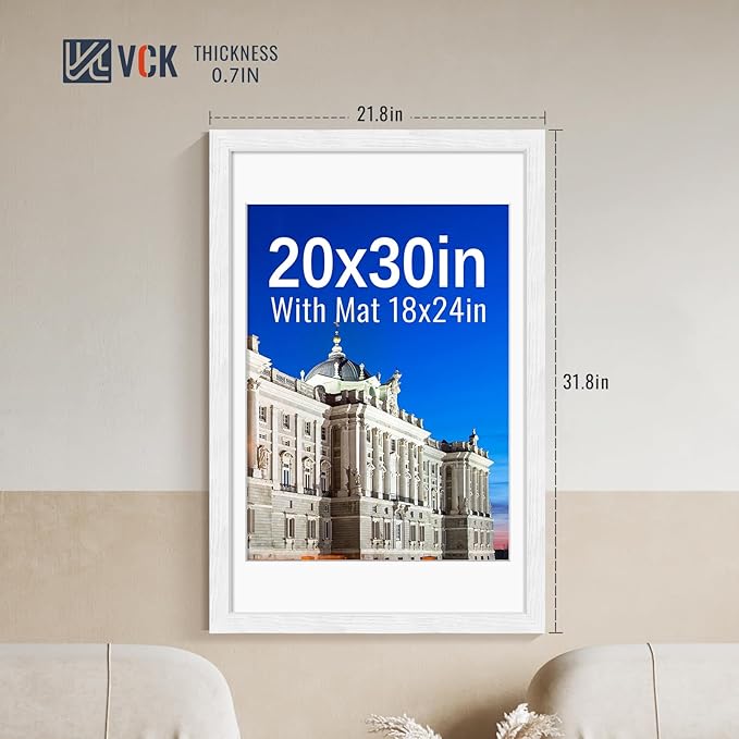 VCK 20x30 Frames White Set of 5, Wide Border Wood, Display 18x24 Picture Photo with Mat or 20 x 30 without, for Home, Office, Gallery, Woodgrain Series, Wall Hanging
