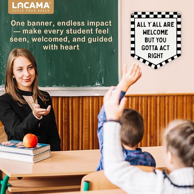 Lacama Car room decor, Vintage Checkered Wall Hanging Banner for Boys Girls Kids Room Playroom Bedroom Classroom College Dorm Decor, All Y'all Are Welcome But You Gotta Act Right Banner，wlcome banner