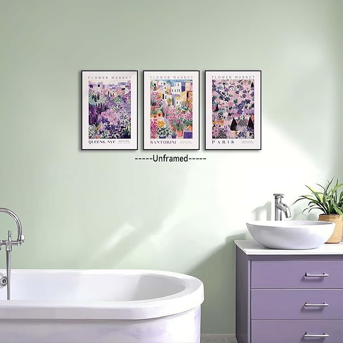 XLARTMY Flower Market Wall Art Prints Canvas Purple and Pink Floral Paintings Colorful Botanical Travel Flower Posters for Home Decor Pictures Set of 3 for Living Room Bedroom 16x24in Unframed