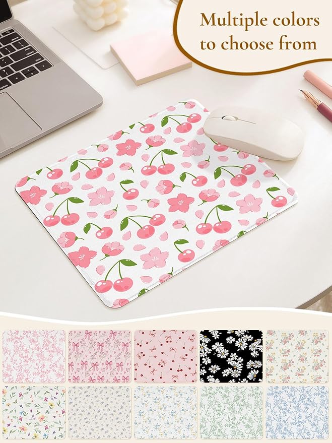Cute Cherries Mouse Pad,Waterproof Aesthetics Flower Mouse Pads Design, Non-Slip Rubber Base Computer Simple Funny Mousepad,Small Mouse Mat Desk Accessories Office Supplies,Pink Cherry Floral