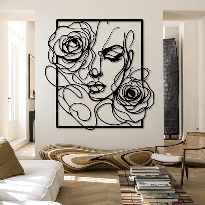 Trpiox Abstract Woman Face Flower Metal Wall Art, Minimalist Woman Flower Metal Wall Decor, Women Face Wall Decor for Living Room, Bedroom, Office(Silver,19" Hx19 W/47x47cm)