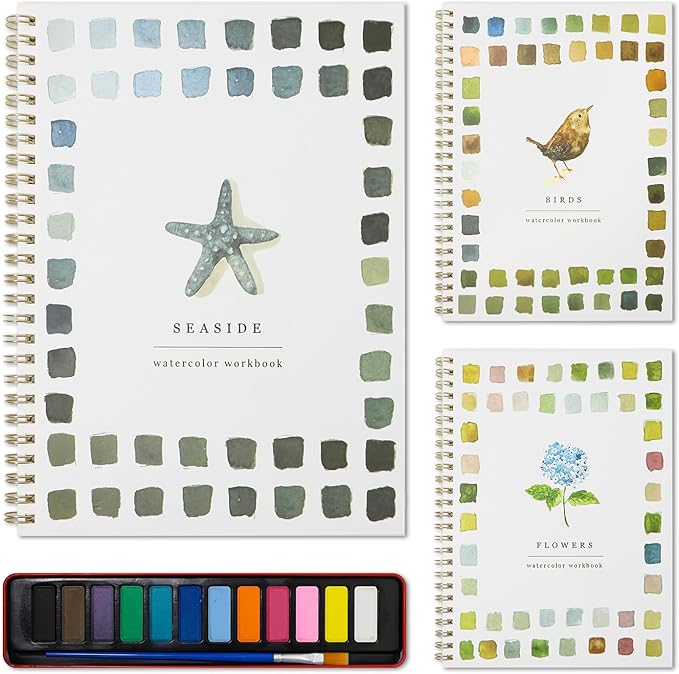 XZGTAND Beginner-Friendly Animals Watercolor Workbooks, 12 Colors Watercolor Paint Set with Paint Brush, Beginner-Friendly Watercolor Painting Kit（Sedside）
