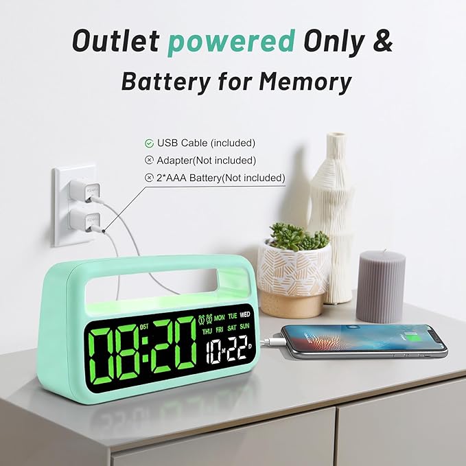 Digital Alarm Clock for Bedroom, Plug-in Digital Bedside Clock with Night Light, Large Display, Dual Alarm, Snooze, Dimmable for Adults Kids Teens, Green